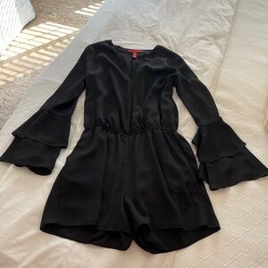 Saks Fifth Avenue Black V-Neck Romper with Tiered Bell Sleeves